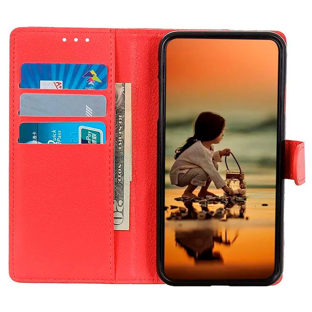 Sony Xperia 5 V Litchi Leather Flip Cover m. Lommebok - Rød