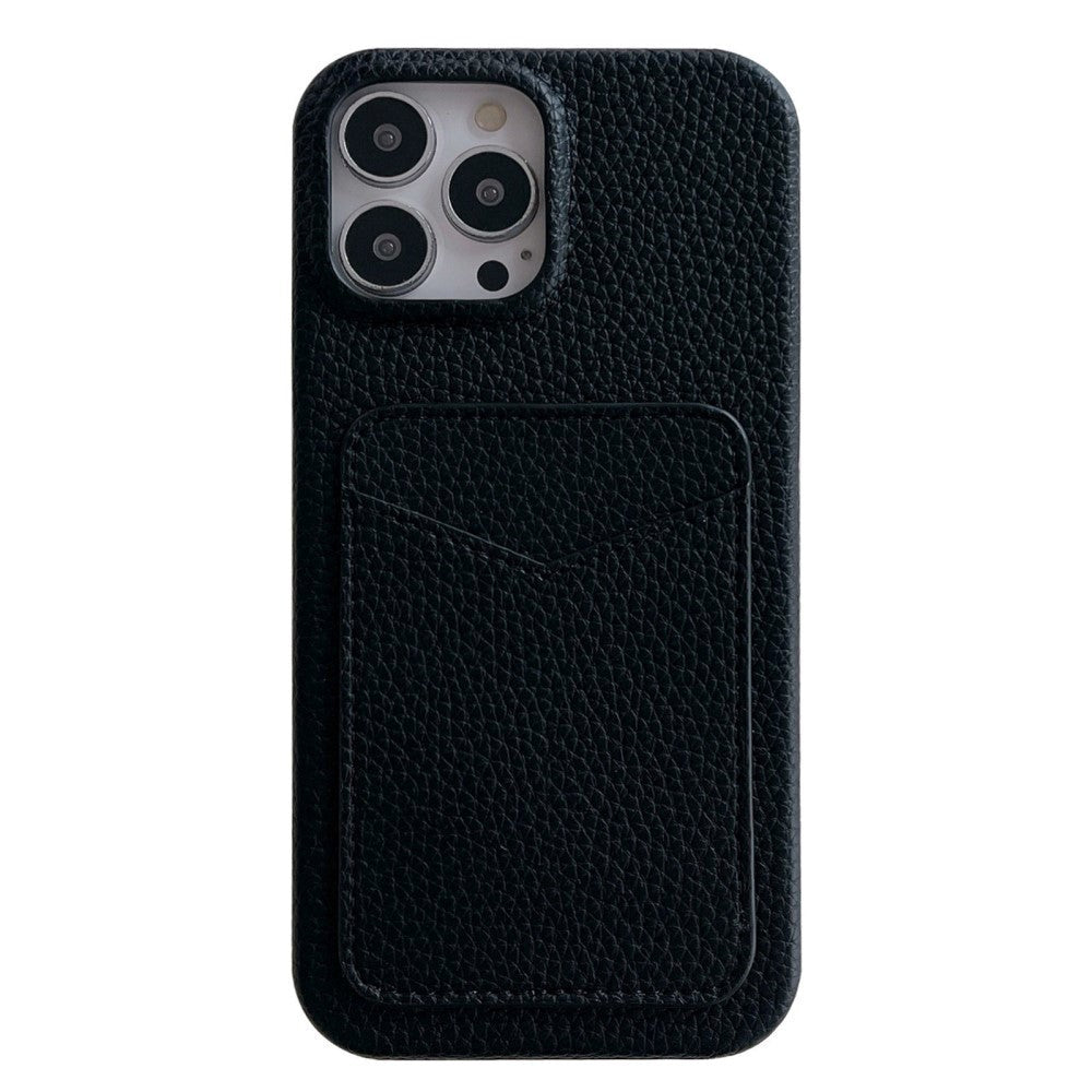 iPhone 15 Pro Litchi skinndekket plastbakdeksel m. Kortholder - Sort