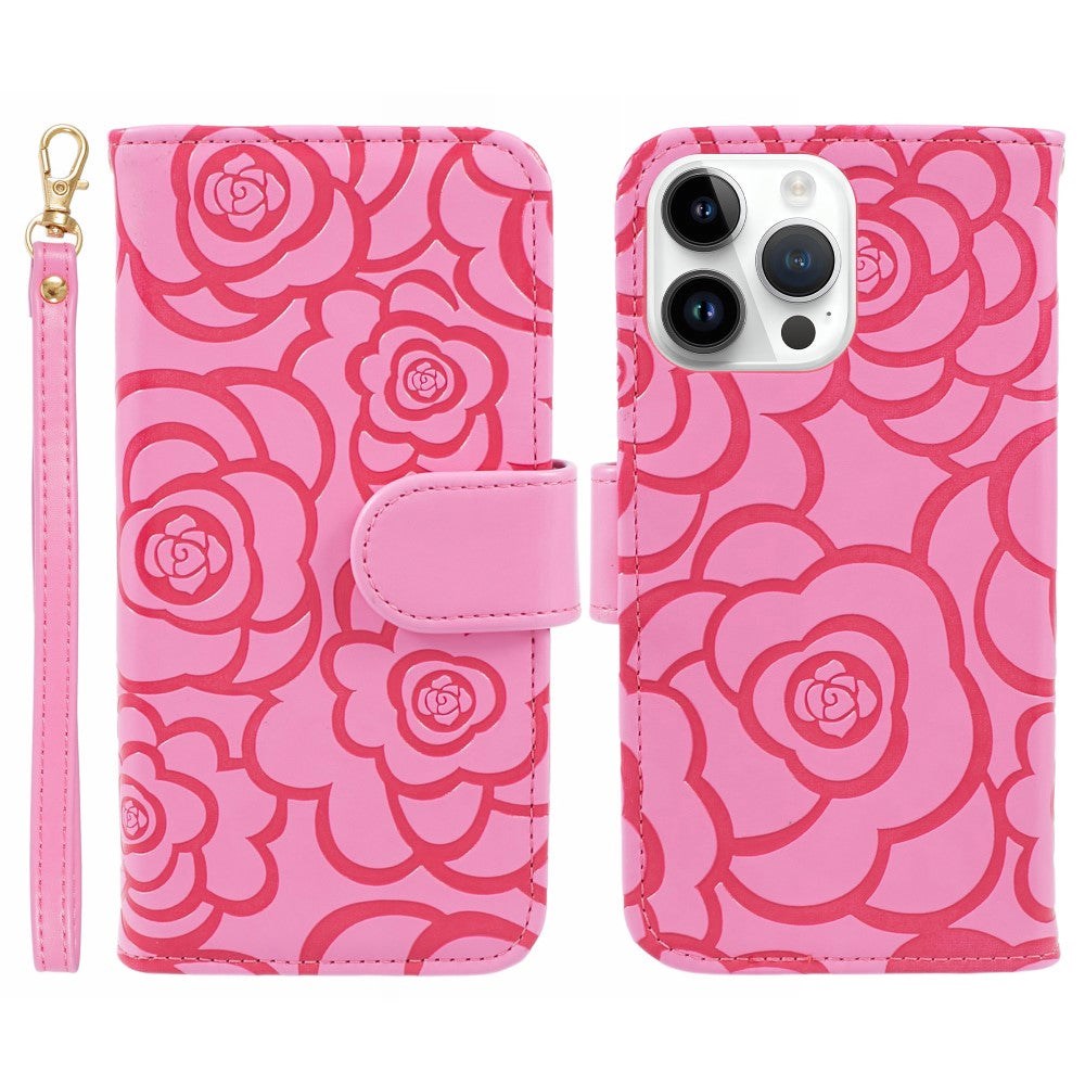 iPhone 15 Pro Leather Flip Cover m. Lommebok og stropp - Camellia Flower - Rosa