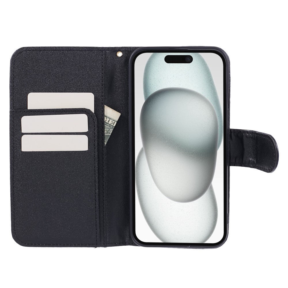 iPhone 15 Pro Leather Flip Cover m. Veske og stropp - Camellia Flower - Svart