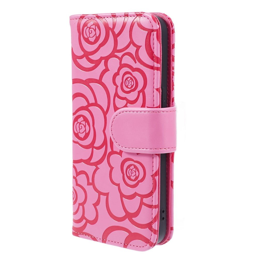 iPhone 15 Pro Max Leather Flip Cover m. Veske og stropp - Camellia Flower - Rosa