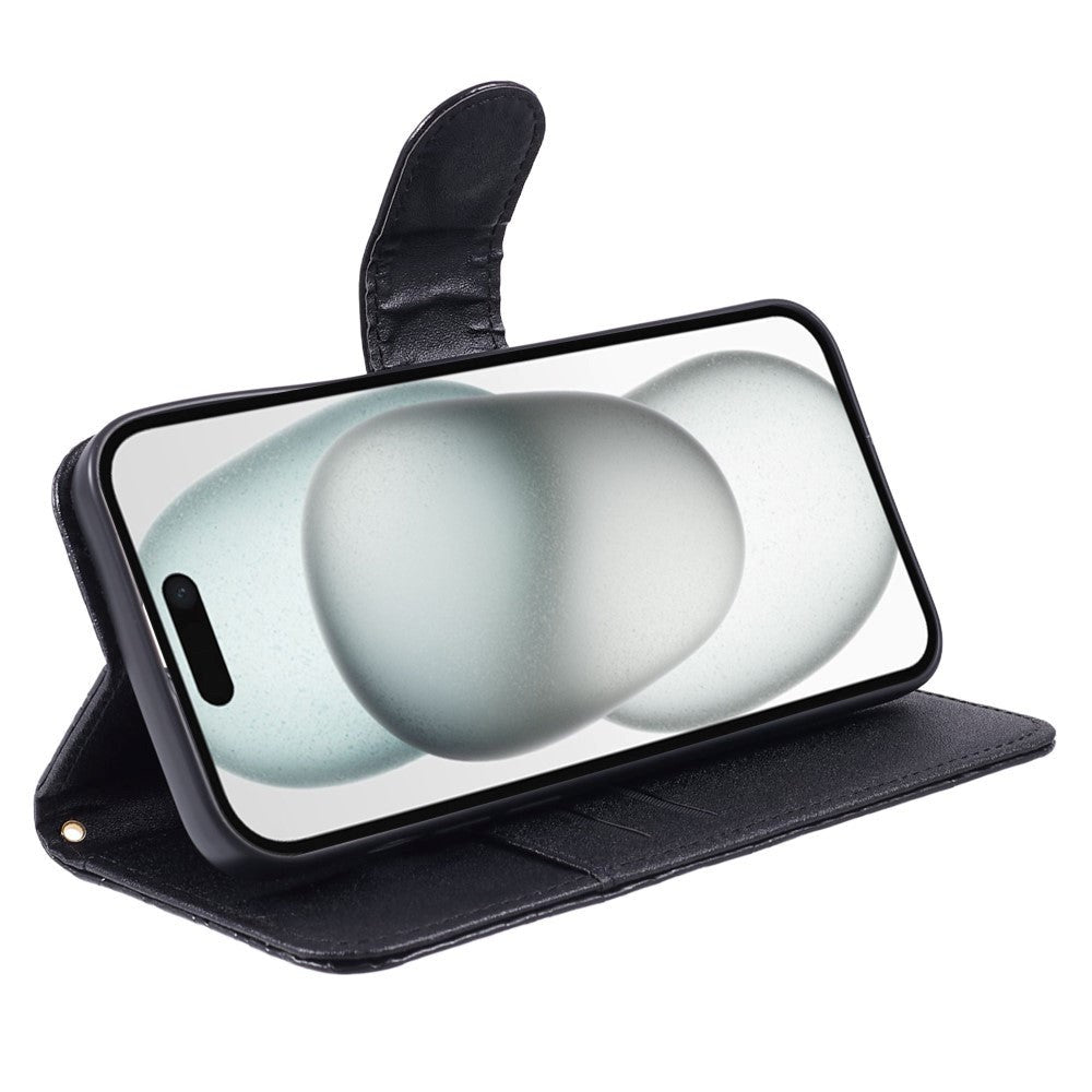 iPhone 15 Pro Max Leather Flip Cover m. Veske og stropp - Camellia Flower - Svart