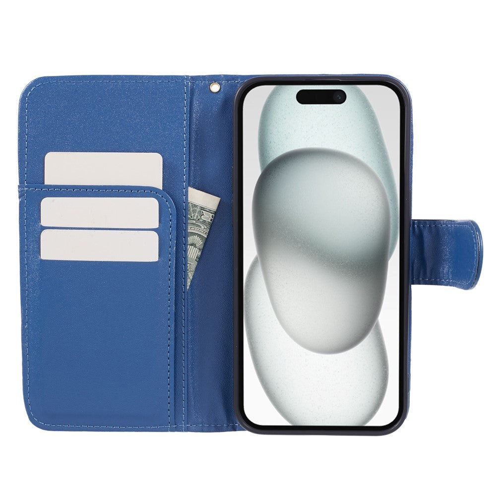 iPhone 15 Pro Max Leather Flip Cover m. Veske og stropp - Camellia Flower - Blå
