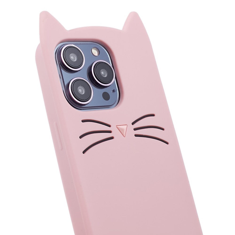 iPhone 14 Pro Silikon Bakdeksel m. 3D Cat - Rosa