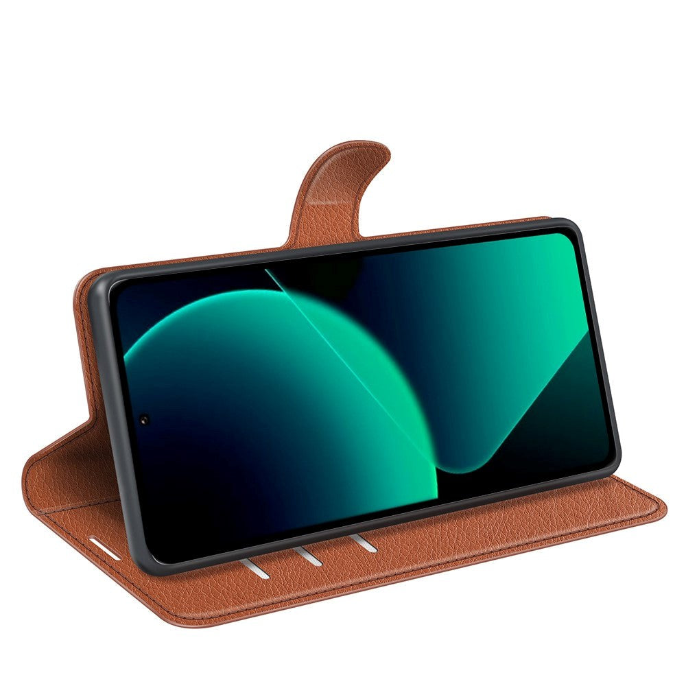 Xiaomi 13T / 13T Pro Litchi Leather Flip Cover m. Lommebok - Brun