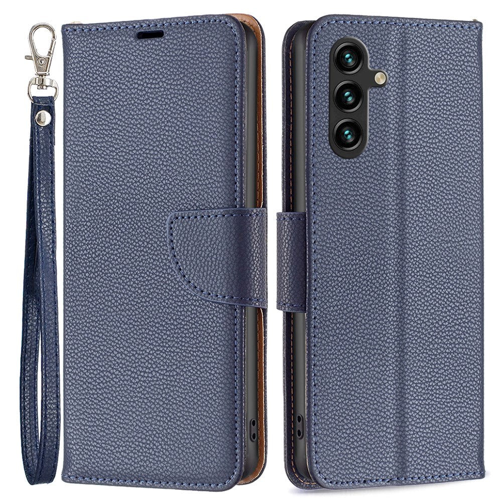 Samsung Galaxy A15 (5G) / A15 PU Litchi Leather Flip Cover m. Lommebok og stropp - blå
