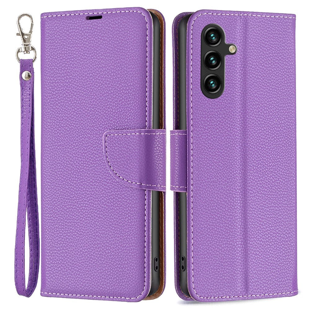 Samsung Galaxy A15 (5G) / A15 PU Litchi Leather Flip Cover m. Lommebok og stropp - Lilla