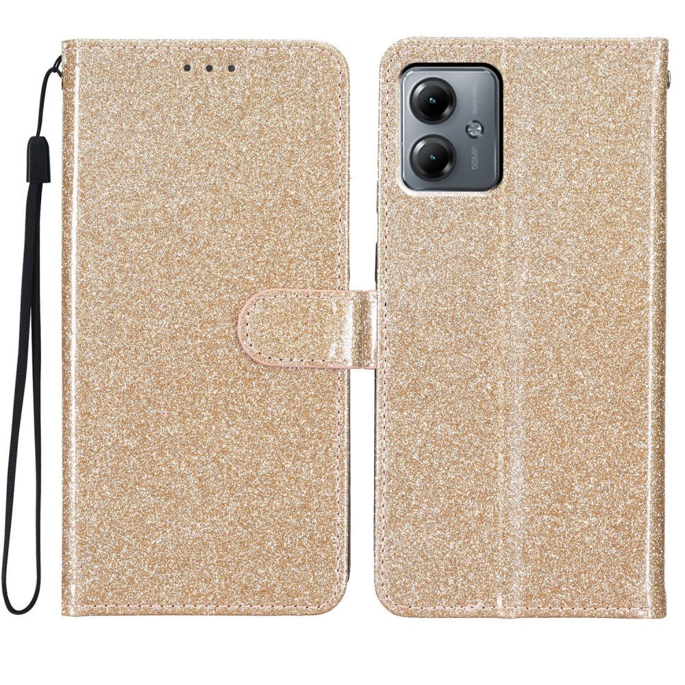 EIDERWOOD Motorola Moto G54 Leather Flip Cover m. Lommebok & stropp - Glitter - Gull
