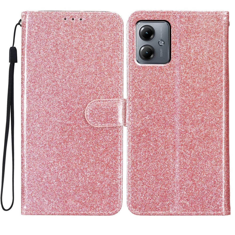 EIDERWOOD Motorola Moto G54 Leather Flip Cover m. Veske & stropp - Glitter - Rose gull