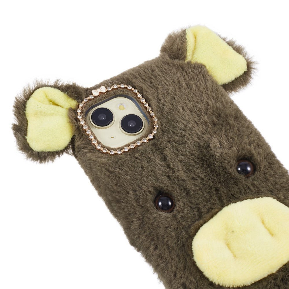 iPhone 15 fleksibelt plastdeksel m. Pels - Gris - Grønn / Gul