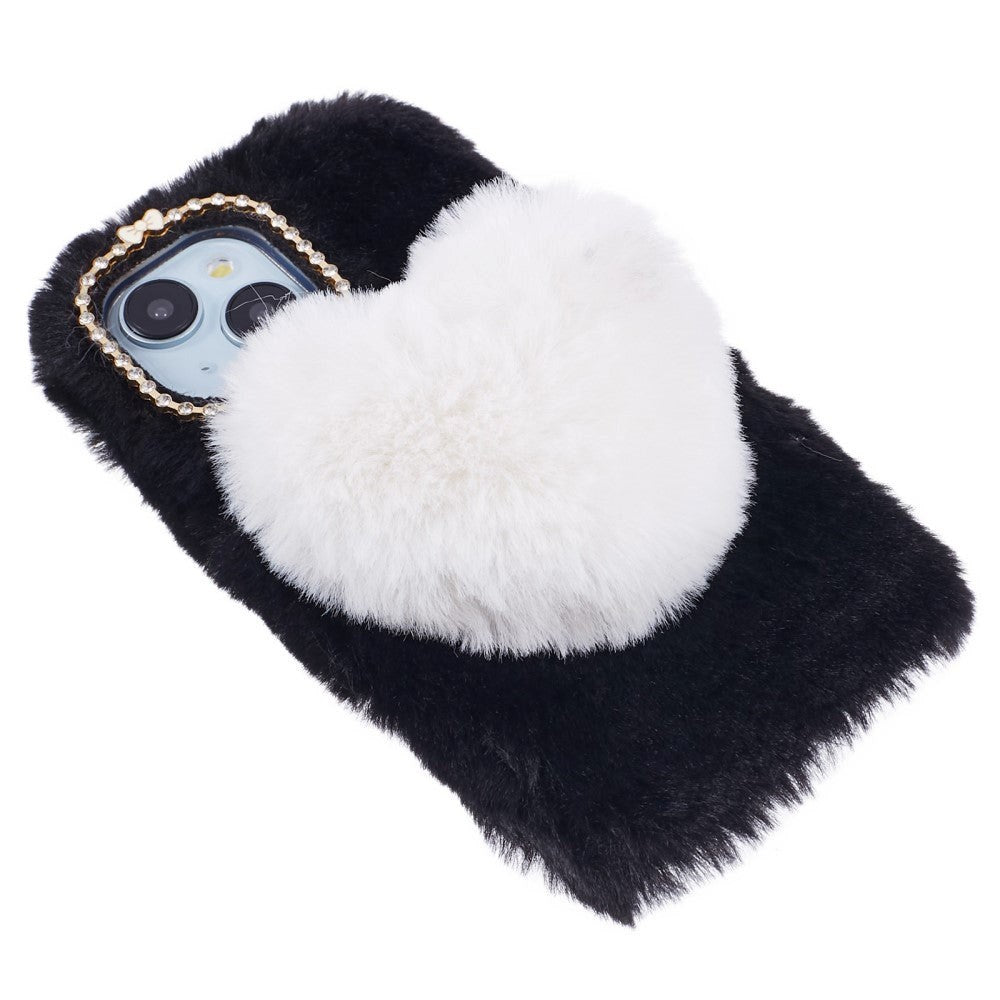 iPhone 15 fleksibelt plastdeksel m. Pels - Hjerte - Svart / Hvit