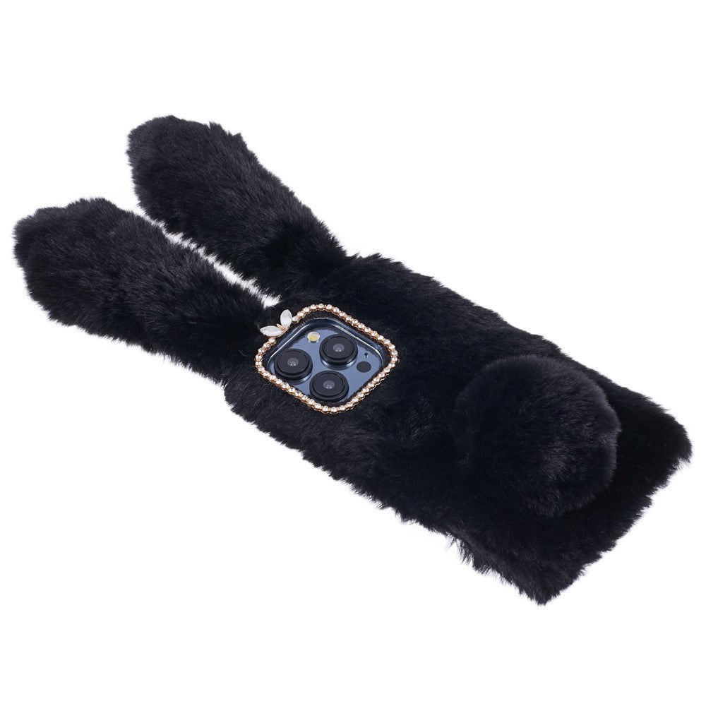 iPhone 15 Pro fleksibelt plastdeksel m. Pels - Kaninører - Svart