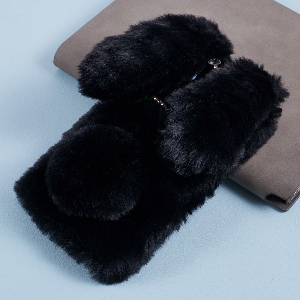 iPhone 15 Pro fleksibelt plastdeksel m. Pels - Kaninører - Svart