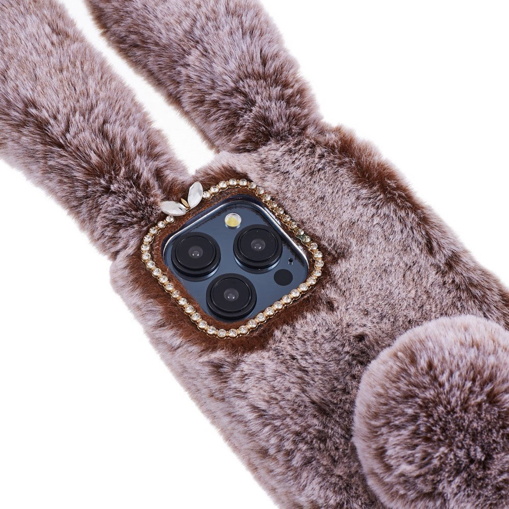 iPhone 15 Pro fleksibelt plastdeksel m. Pels - Kaninører - Brun