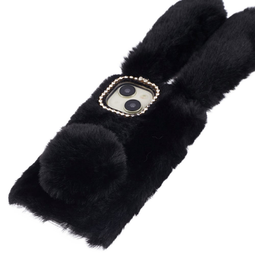 iPhone 15 fleksibelt plastdeksel m. Pels - Kaninører - Sort