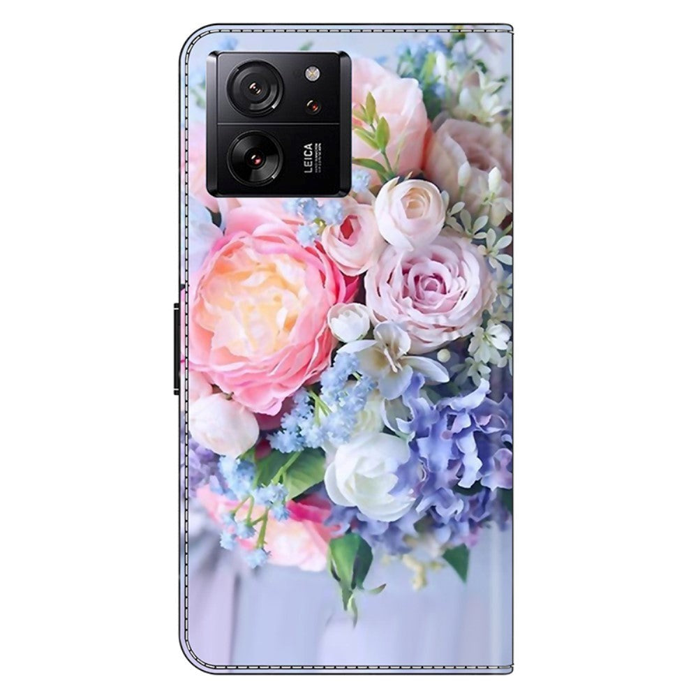 Xiaomi 13T / 13T Pro Leather Flip Cover m. Pung & Print - Blomsterbukett