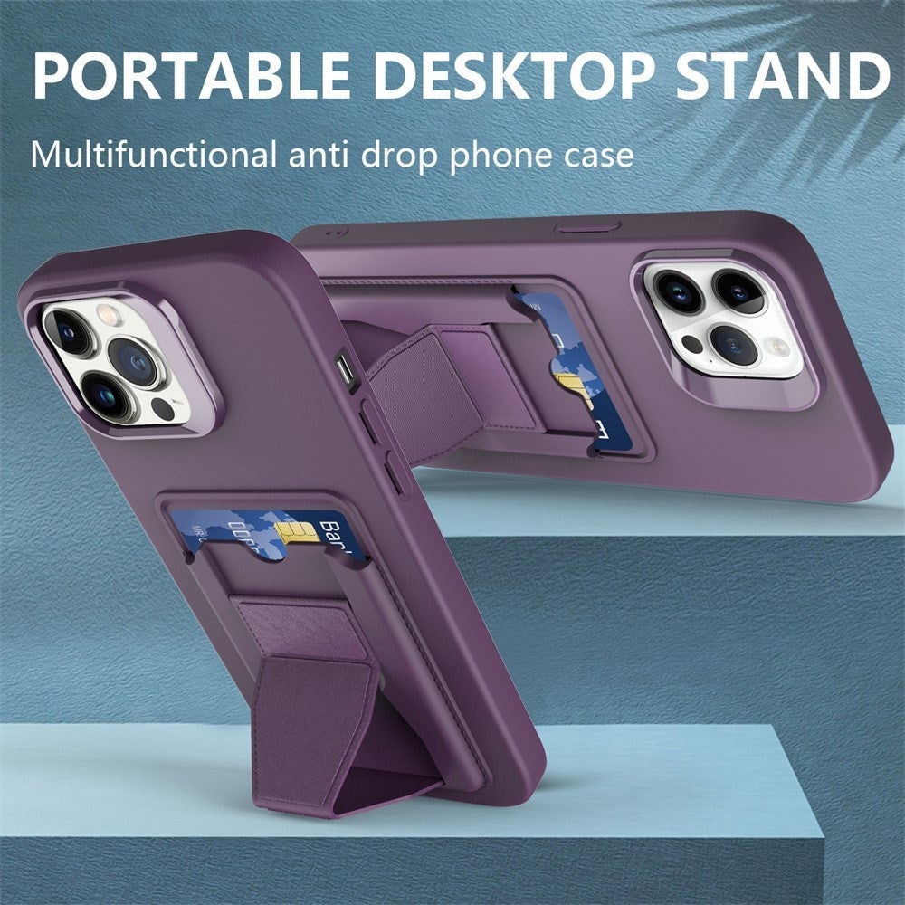 iPhone 15 Pro Max fleksibelt plastdeksel m. Kortholder & Stativ - Mørk lilla