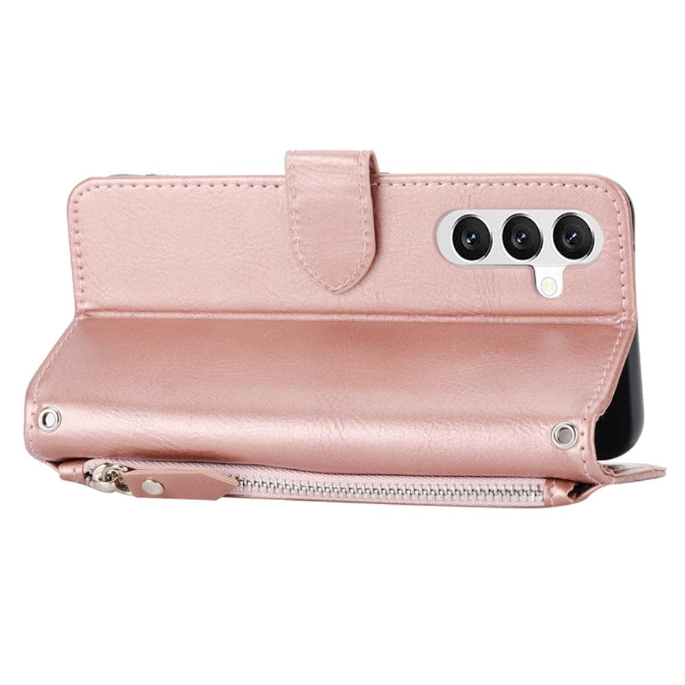 Samsung Galaxy A25 (5G) Flip-deksel i lær m. Glidelåslomme og stropp - Rose gull