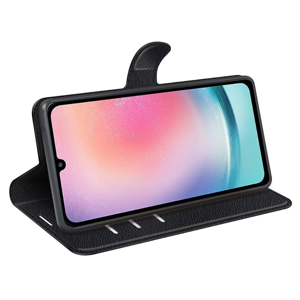 Samsung Galaxy A25 (5G) Litchi Leather Flip Cover m. Lommebok - Svart