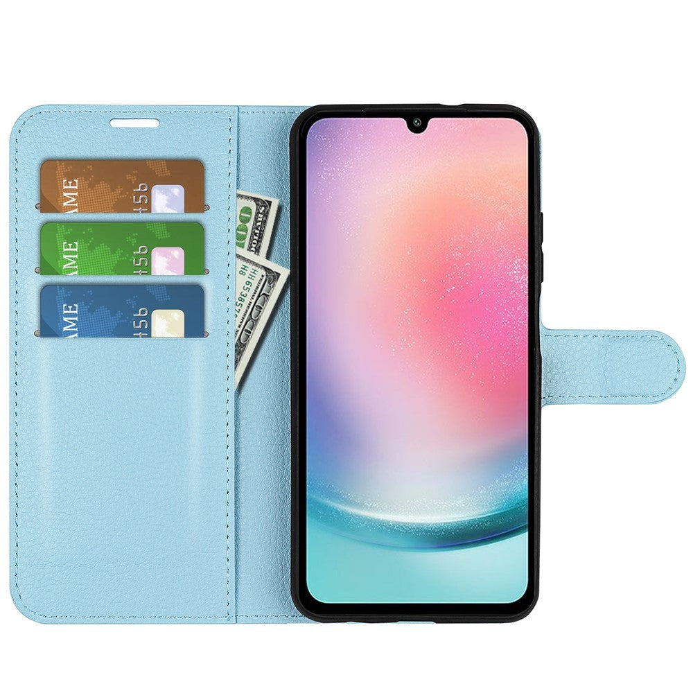 Samsung Galaxy A25 (5G) Litchi Leather Flip Cover m. Lommebok - Lyseblå
