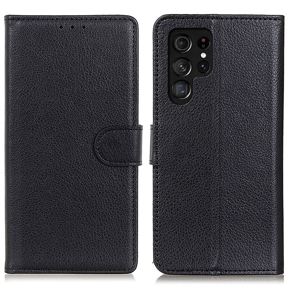 Samsung Galaxy S24 Ultra Litchi Leather Flip Cover m. Lommebok - Svart