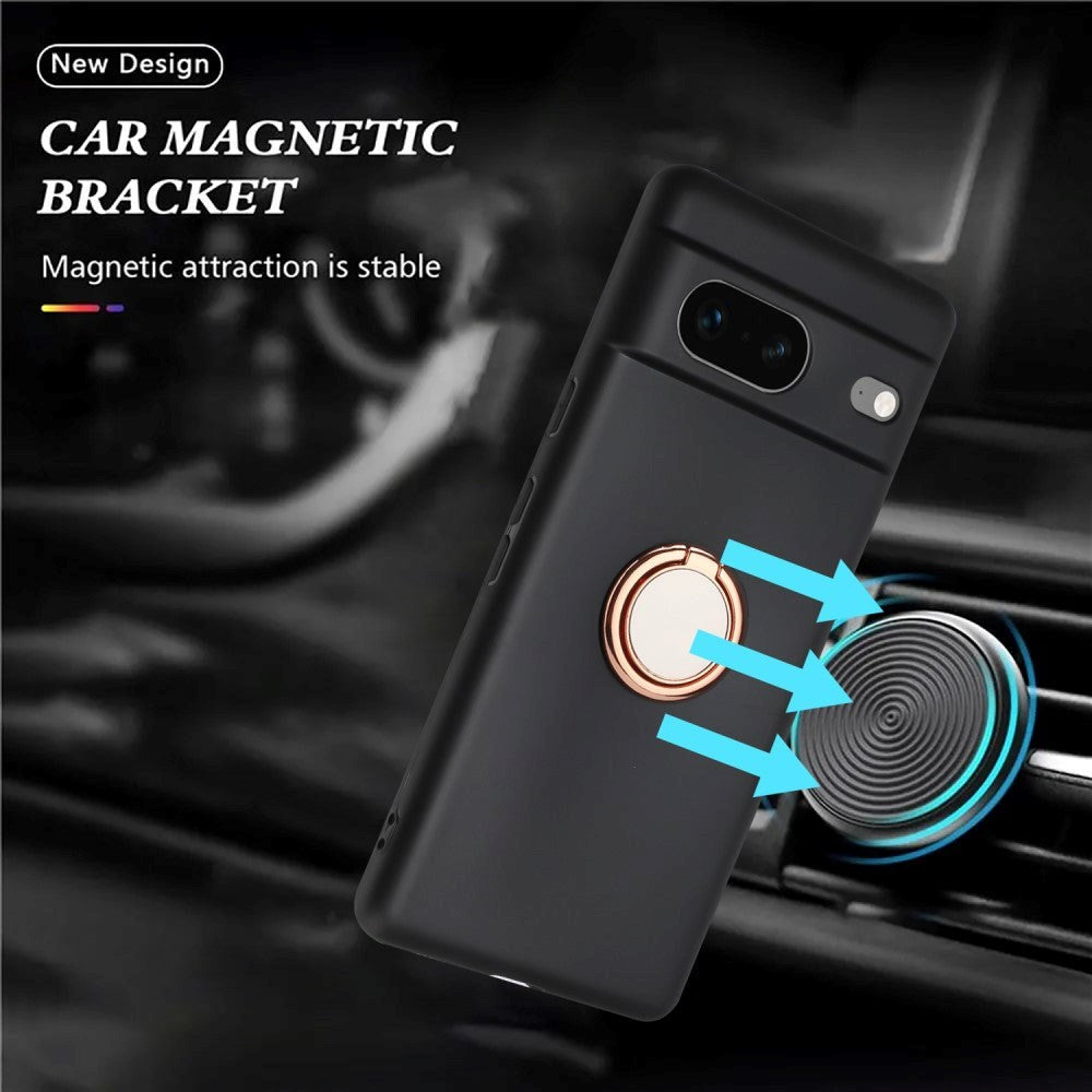 Google Pixel 8a Fleksibelt Plastik Bagside Cover m. Ring Kickstand - Sort m. Magnetisk Rose Gold Ring