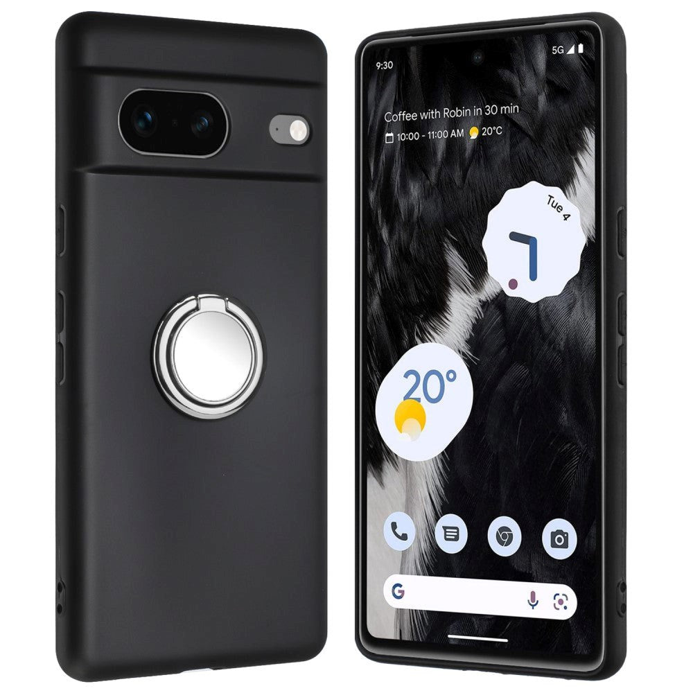 Google Pixel 8a Fleksibelt Plastik Bagside Cover m. Ring Kickstand - Sort m. Magnetisk Sølv Ring