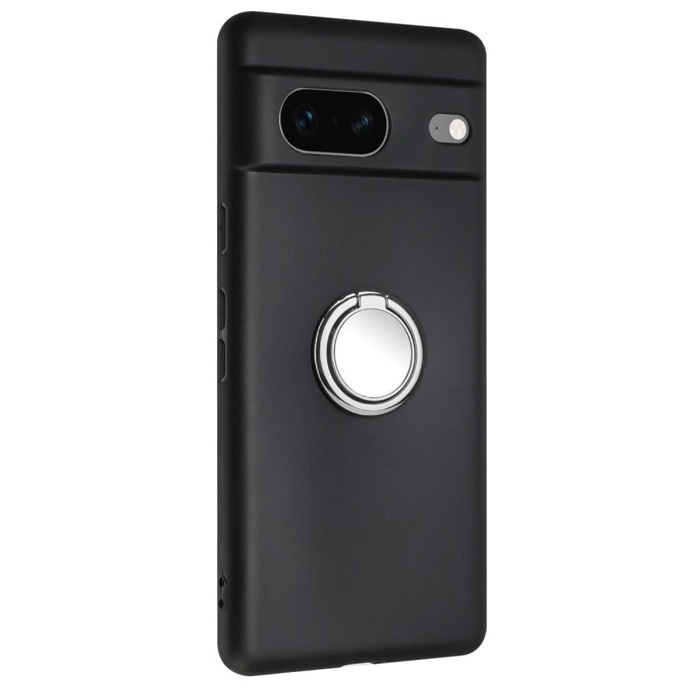 Google Pixel 8a Fleksibelt Plastik Bagside Cover m. Ring Kickstand - Sort m. Magnetisk Sølv Ring