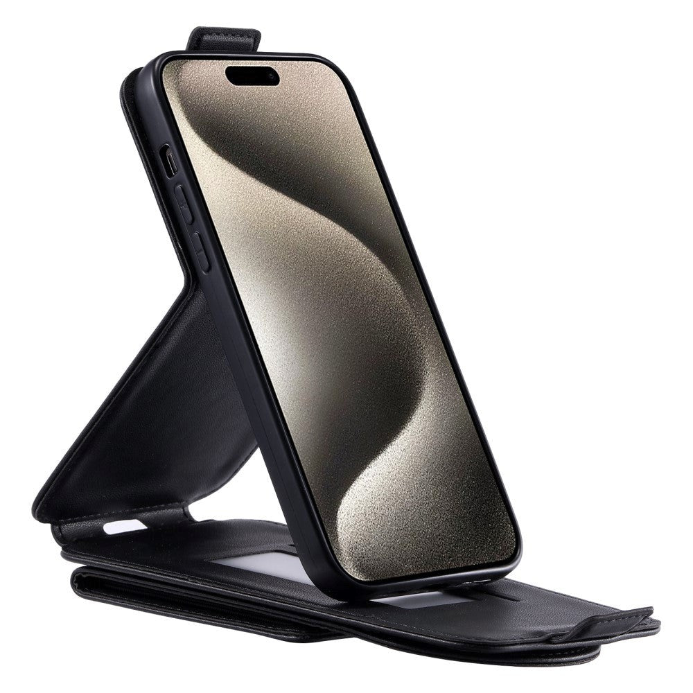 iPhone 15 Pro vertikalt flipdeksel i kunstskinn m. Lommebok / Stativ / Stropp - Svart