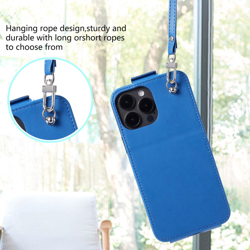 iPhone 15 Pro Max vertikalt flipdeksel i kunstskinn m. Veske / Ståfunksjon / Stropp - Blå
