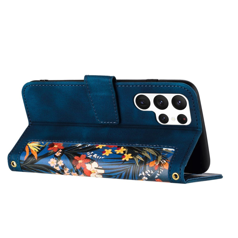 Samsung Galaxy S24 Ultra Leather Flip Deksel m. Lommebok og stropp - Mørkeblå m. Blomster