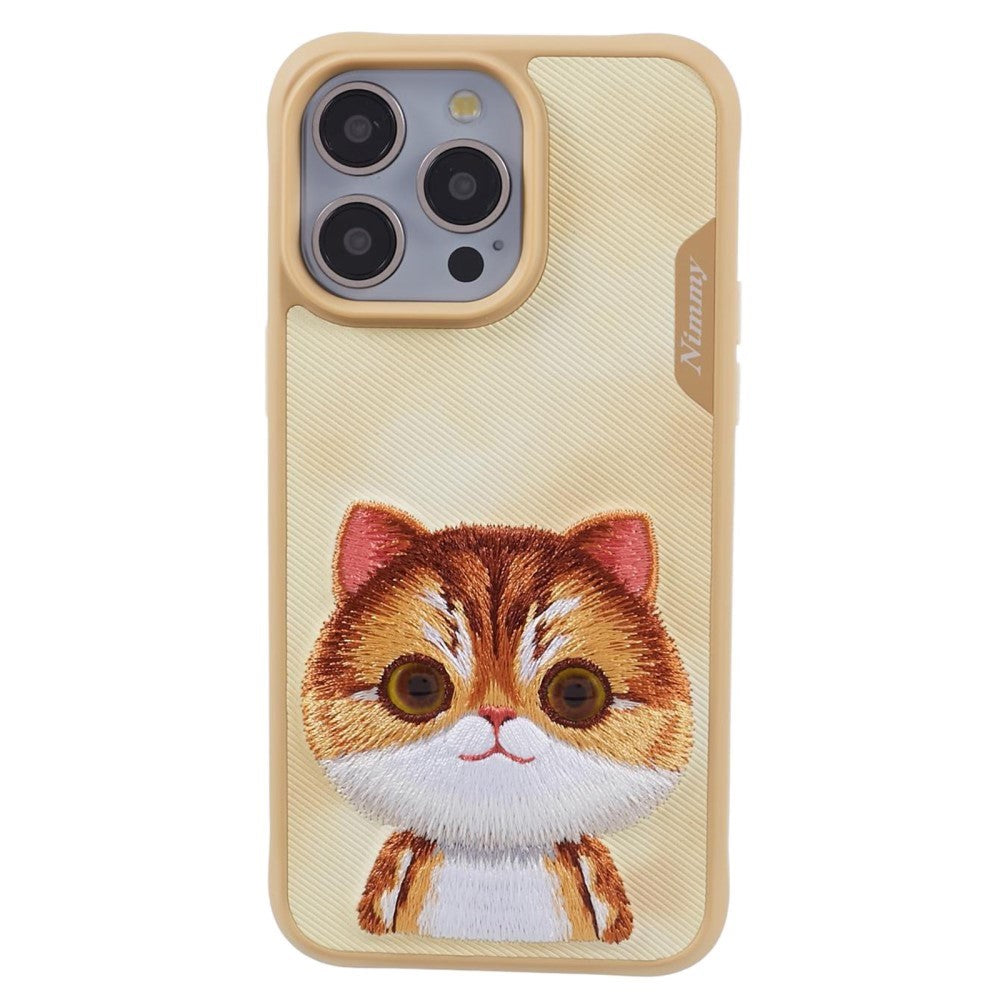 iPhone 15 Pro Hybrid Bakdeksel m. Dyremotiv og broderi - Orange Cat