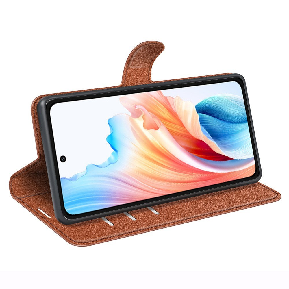 EIDERWOOD Oppo A79 (5G) Litchi Leather Flip Cover m. Lommebok- og stativfunksjon - brun