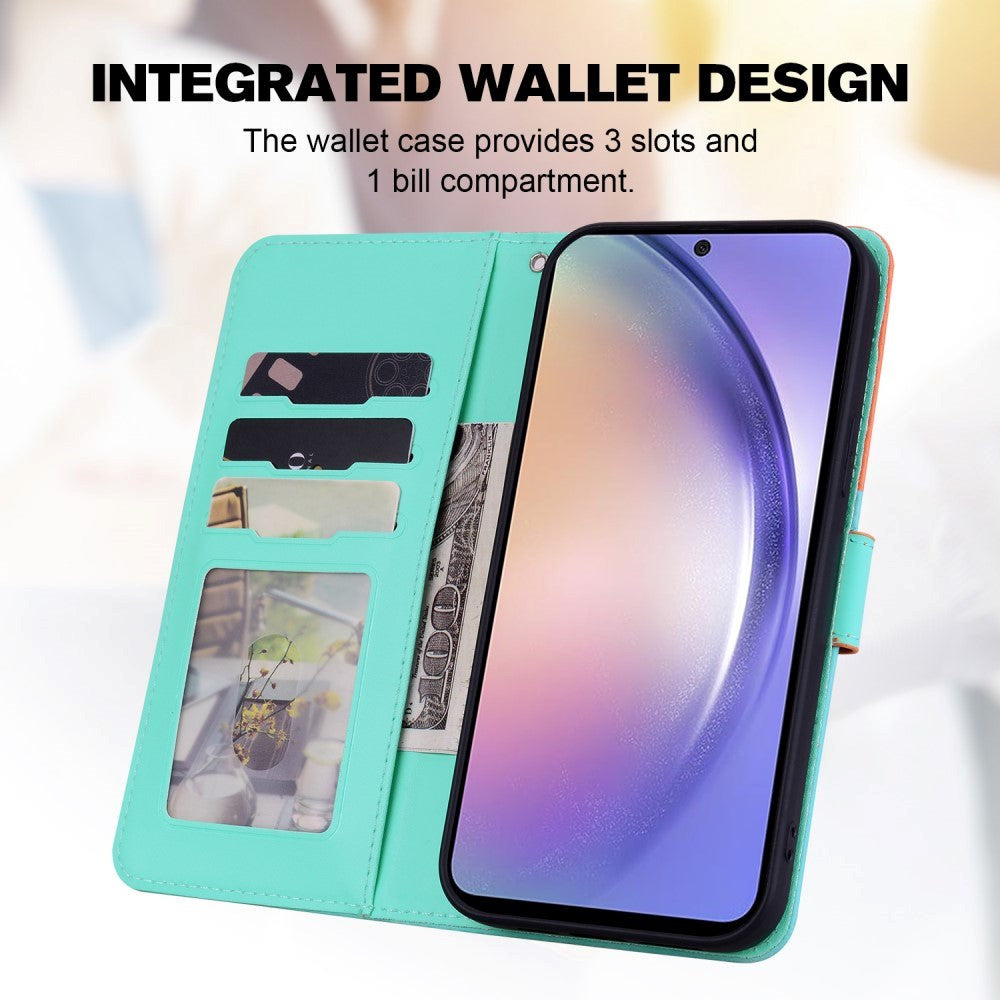 Samsung Galaxy A54 (5G) Flip-deksel m. Stropp / stativfunksjon / kortholder - oransje / blå (katter)