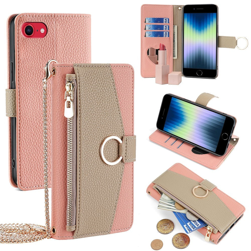 iPhone SE (2022/2020) / 8/7 lær 2-i-1 flipdeksel m. Lommebok & Crossbody Bag-funksjon - Rosa
