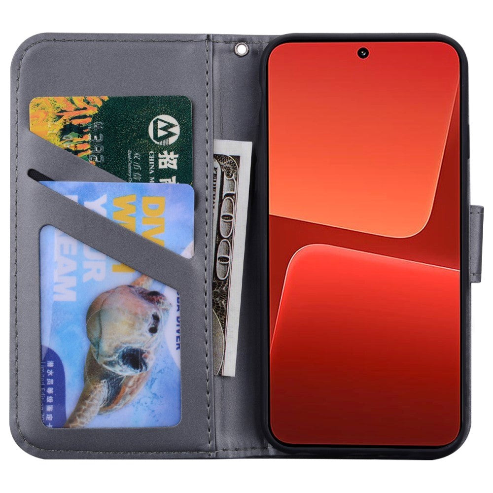 Xiaomi 13 flipdeksel m. Stropp / stativ funksjon / kortholder - grå (hund)