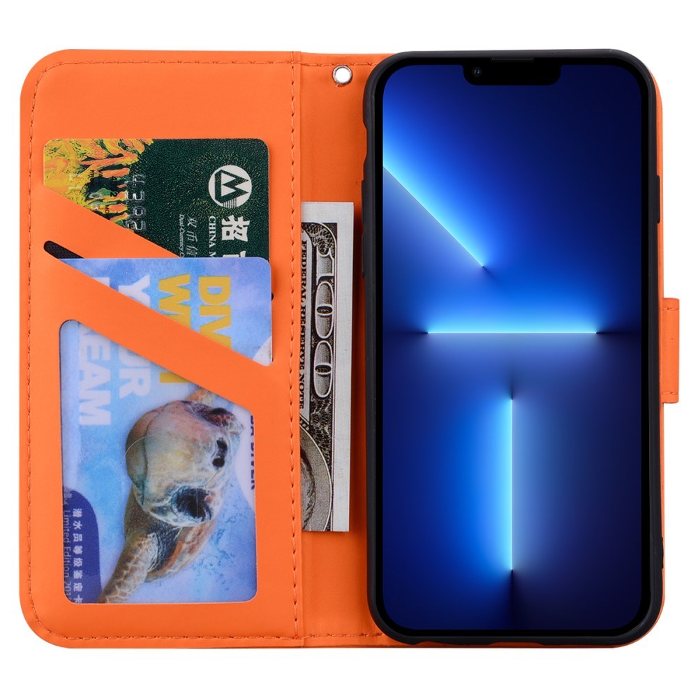 iPhone 13 Pro Flip Cover m. Stropp / stativ funksjon / kortholder - oransje (frosk)