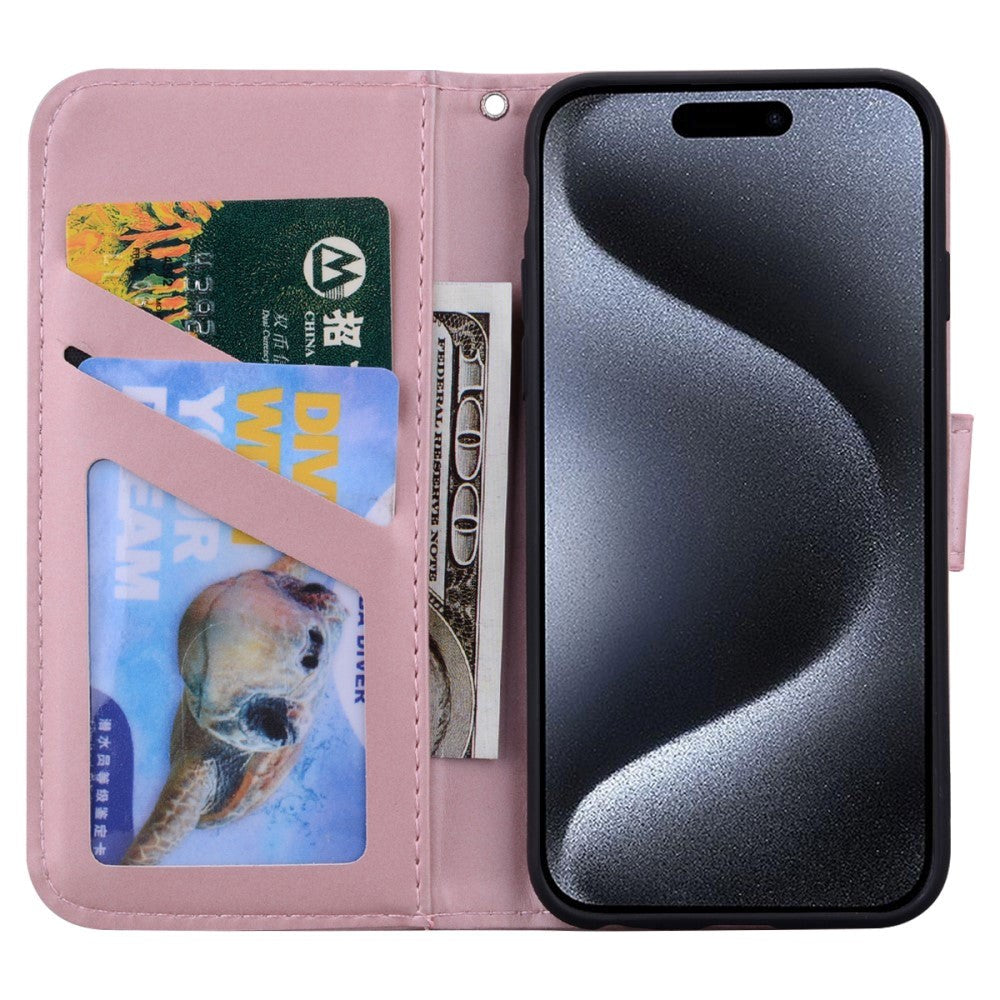 iPhone 15 Pro Flip Cover m. Stropp / stativfunksjon / kortholder - rosa (kanin)