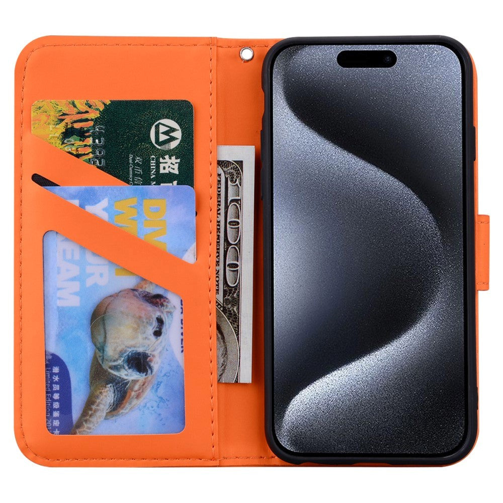 iPhone 15 Pro Flip Cover m. Stropp / stativ funksjon / kortholder - oransje (frosk)