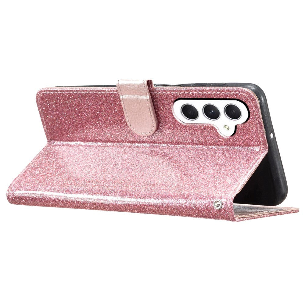 Samsung Galaxy A55 (5G) Flip-deksel i lær m. Veske & stropp - Glitter - Rose gull