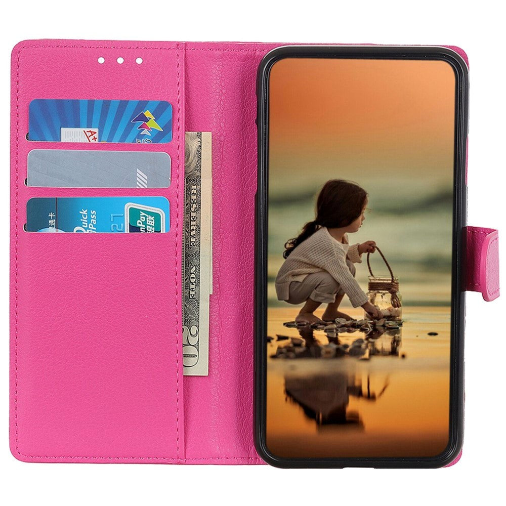 OnePlus 12 Litchi Leather Flip Cover m. Lommebok - Rosa
