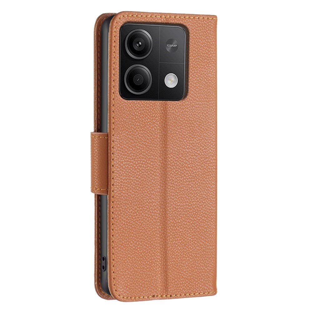 EIDERWOOD Xiaomi Redmi Note 13 (5G) Litchi Leather Flip Cover m. Lommebok og stropp - brun