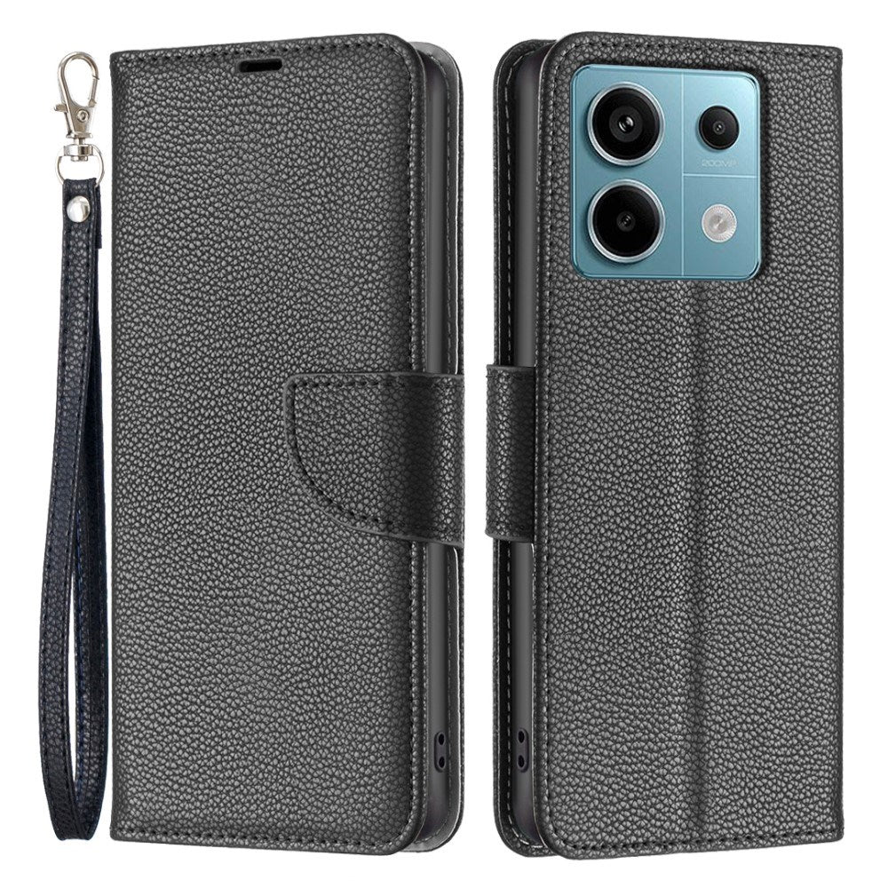 EIDERWOOD Xiaomi Redmi Note 13 Pro (4G) Litchi Leather Flip Cover m. Lommebok og stropp - Svart