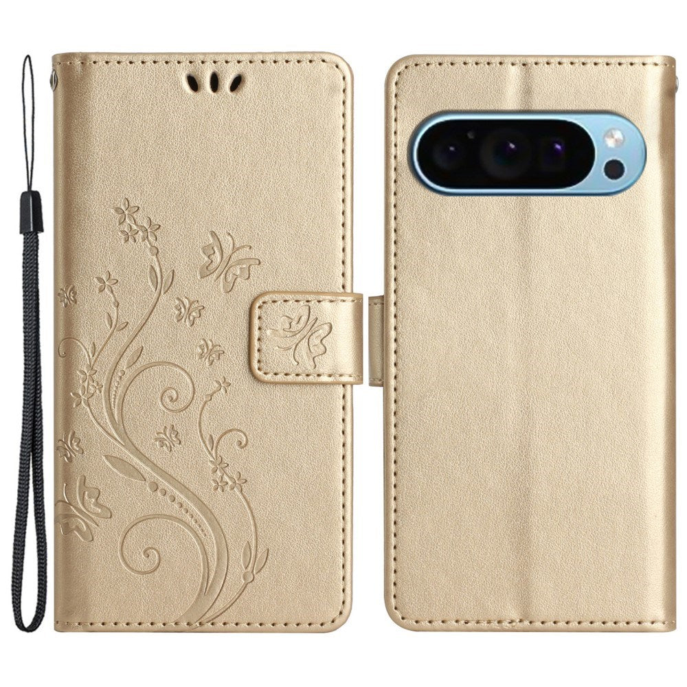 EIDERWOOD Google Pixel 9 / 9 Pro Butterfly Leather Flip Cover m. Lommebok - Gull