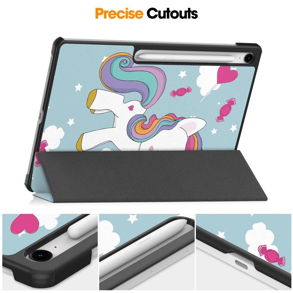 Samsung Galaxy Tab S10 FE+ (Plus) - EIDERWOOD Tri-Fold Kunstlæder Flip Cover m. Mønster - Enhjørning
