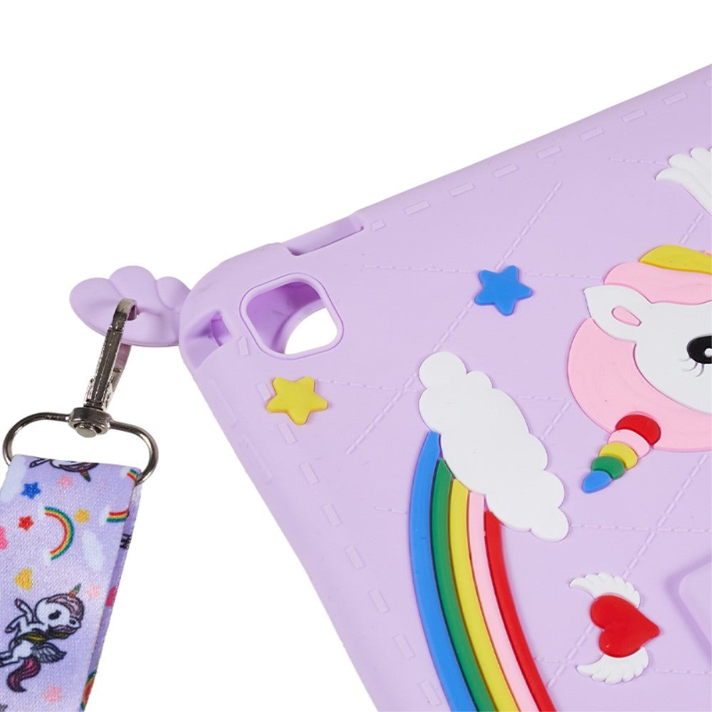 iPad 9.7 (2018-2017) / iPad Air / iPad Air 2 Silikon Bakdeksel m. Stativ, trykk og stropp - Unicorn