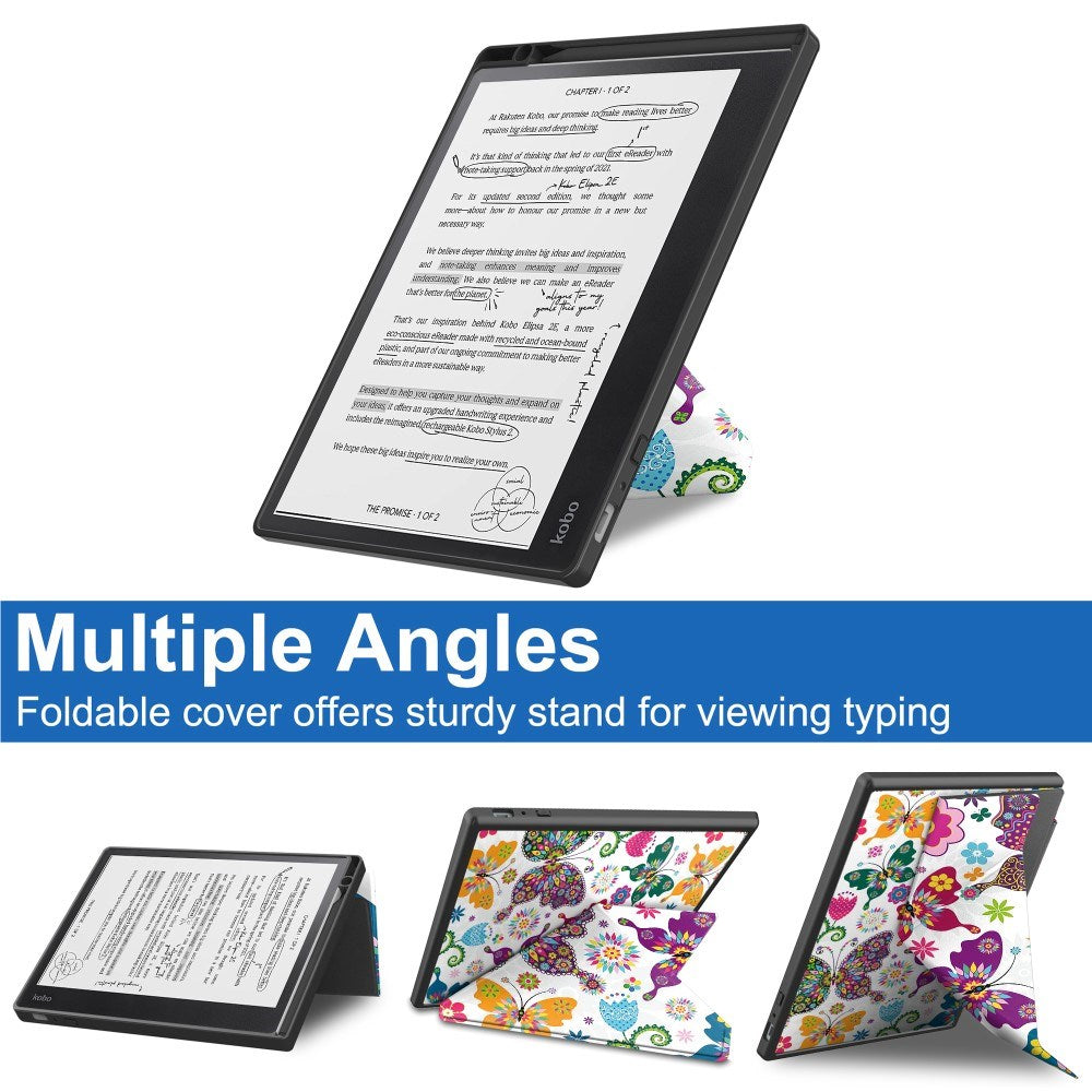EIDERWOOD Kobo Elipsa 2E Origami Leather Flip Cover m. Penneholder - Fargerike sommerfugler og blomster