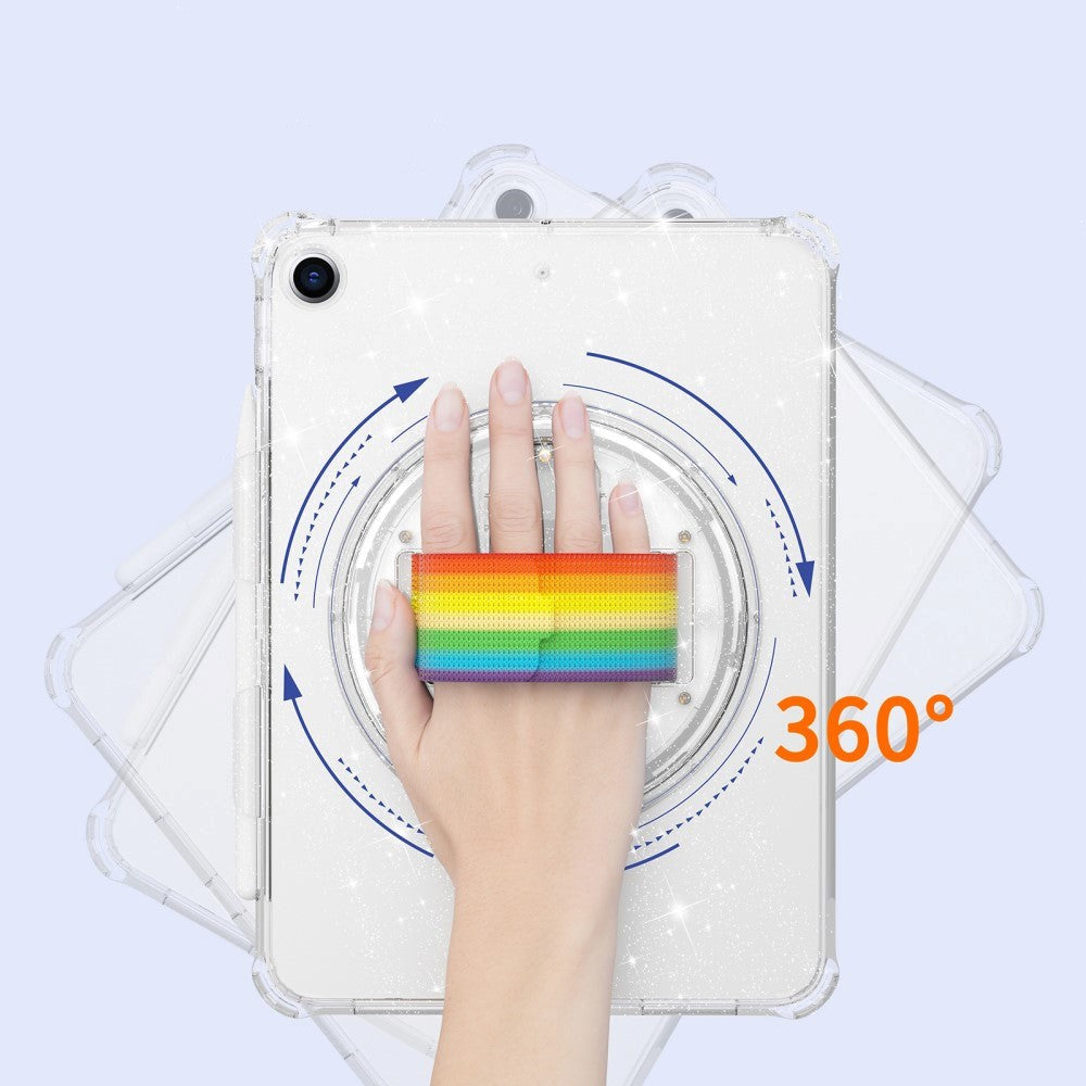 iPad 10,2" (2021 / 2020 / 2019) Bakdeksel i hardplast med håndholder, støtteben og skulderstropp - gjennomsiktig