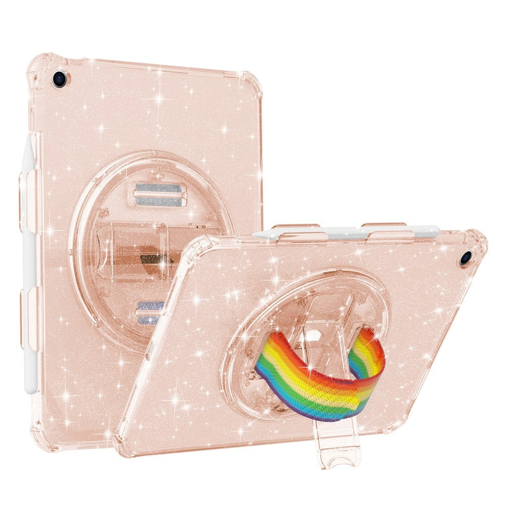 iPad 10,2" (2021 / 2020 / 2019) Bakdeksel i hardplast med håndholder, støtteben og skulderstropp - gjennomsiktig / glitter gull