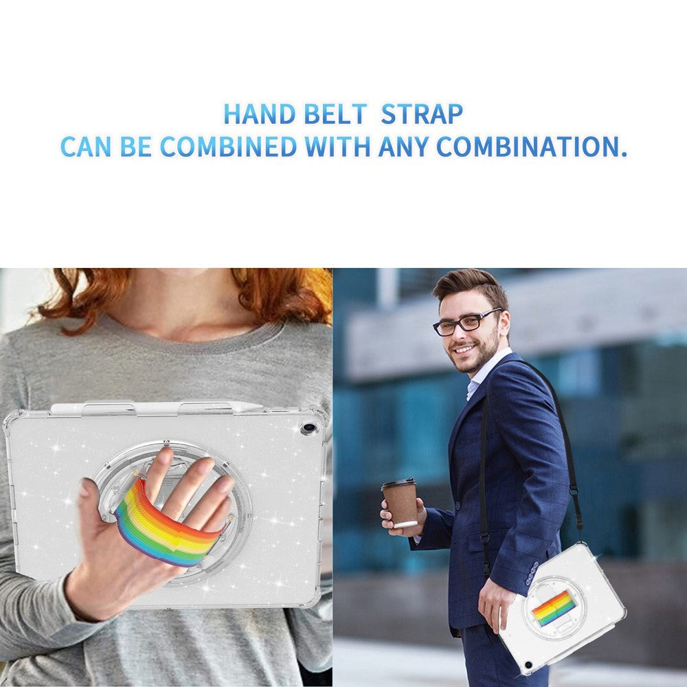 iPad 10,2" (2021 / 2020 / 2019) Bakdeksel i hardplast med håndholder, støtteben og skulderstropp - gjennomsiktig / glitter gull